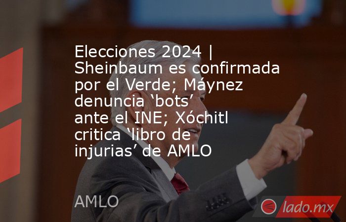 Elecciones 2024 | Sheinbaum es confirmada por el Verde; Máynez denuncia ‘bots’ ante el INE; Xóchitl critica ‘libro de injurias’ de AMLO. Noticias en tiempo real
